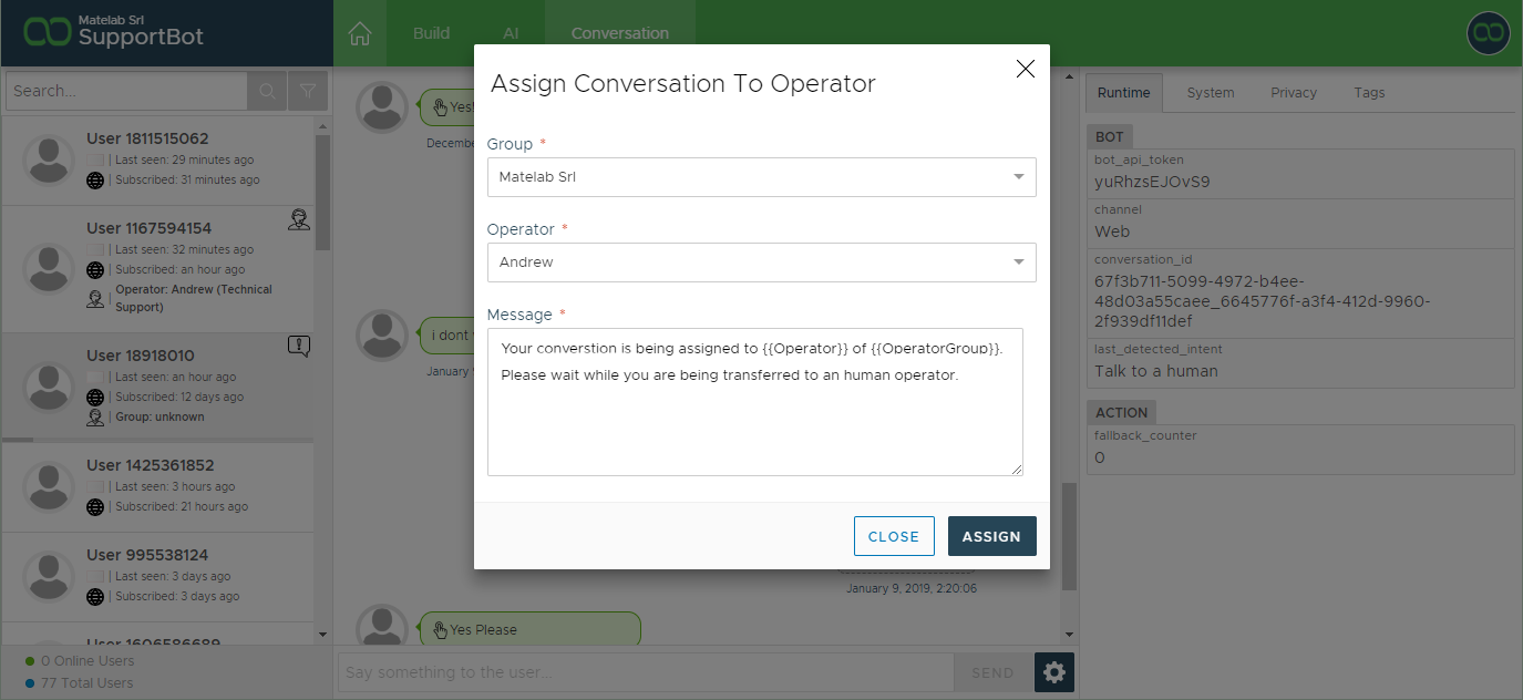 assign chatbot conversation to an operator