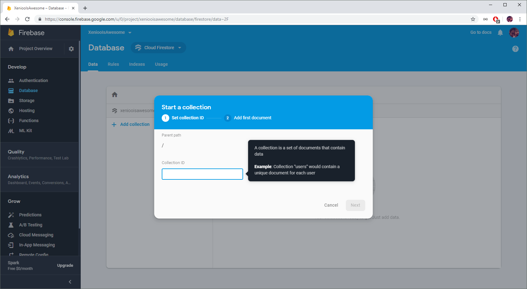 create firebase databse